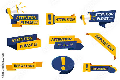 Attention badges. Important messages notice banners caution announcement graphics dangers vector. Illustration exclamation notification, warning announcement megaphone