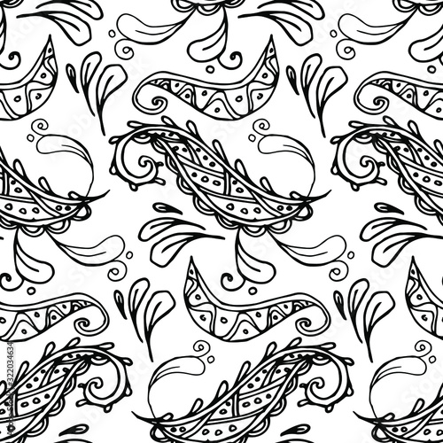 Monochrome seamless pattern. Swirls ink hand drawn ornament for web, for print