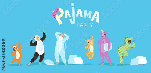 Pyjamas people. Funny characters kids female and male in cute night clothes colored costumes vector pyjamas textile. Illustration pajama party, costume funny, animal unicorn and panda
