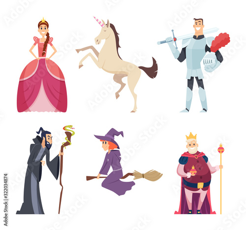 Fairy tale characters. Queen wizard fantasy mascot kingdom boys girls animals vector cartoon pictures. Princess and witch, fairy magic, knight and king illustration