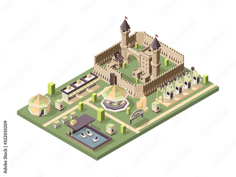 Amusment park. Isometric attractions with medieval castle circus ferris wheel and roller coaster vector fun landscape. Amusement park, carousel and castle isometric