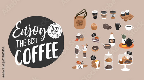 Coffee shop hand drawn collection . Cartoon constructor set. Small business, logo lettering and quote, coffee pots, dessert sweets, pancakes, cookies, donut, bread, cake. Vector illustration