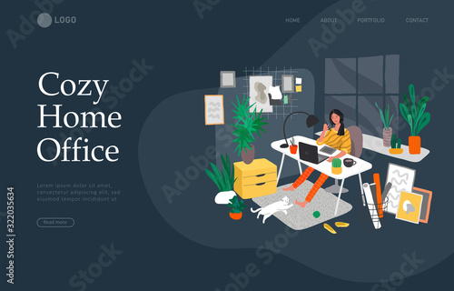 Landing page template with Freelancer designer girl working in nordic style home office with cat. Daily life and everyday routine scene by young woman in scandinavian style cozy interior. Cartoon