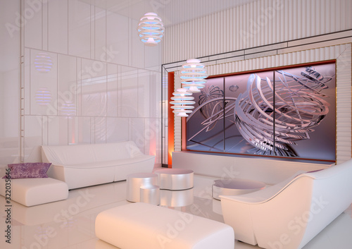 Futuristic interior design. Comfortable living room in white tones. Leather furniture. 3D illustration