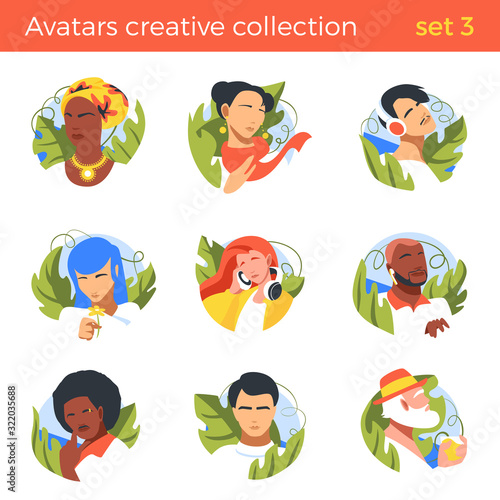 Flat People abstract different nationalities Avatar vector illustration Negative space style. Male Female Caucasian, Asian, Black characters Profile design