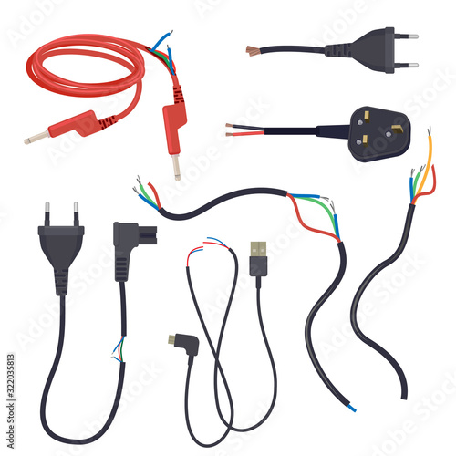 Damaged cord. Electrical cables cut lose signal break plug vector cartoon set. Power cable break electric cord illustration