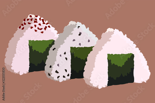 Vector illustration. Onigiri. Onigiri sesame (Japanese rice ball with black sesame). Traditional Asian meal. Realistic design.