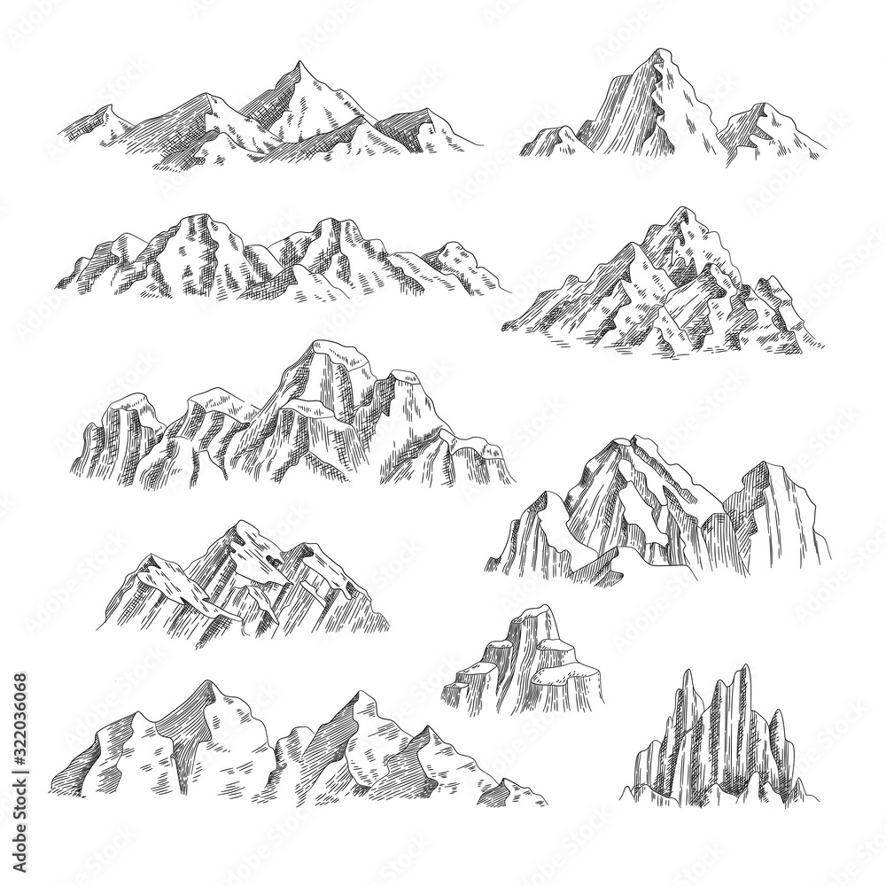 Plakat Mountains sketch. Outdoor wild nature rocks and mountains collection vector hand drawn set. Rock landscape sketch, mountain outdoor outline, hill environment illustration