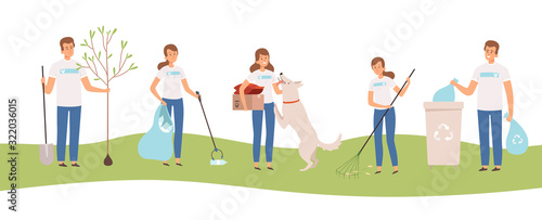 Volunteers people. Adults and kids cleaning weather caring nature and homeless social works vector characters. Nature volunteering, environment rubbish illustration