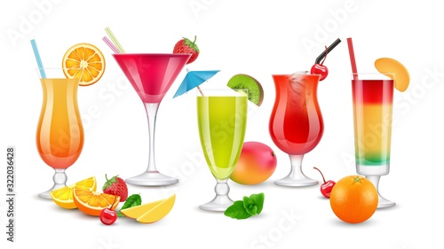 Fruits drinks. Seasonal summer realistic cocktails. Berries, fruit alcoholic and non alcoholic beverages. Isolated juices vector set. Cocktail juice liquid, freshness drink collection illustration