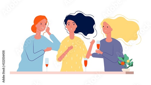 Girlfriends. Women meeting in cafe or restaurant. Female evening, girls talking, gossip and laughing vector illustration. Female talking and sitting, meeting lady illustration