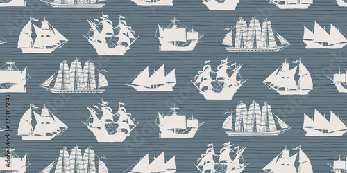 Vector seamless background on the theme of nautical travel with silhouettes of various sailing ships on the striped background in retro style. Suitable for wallpaper, wrapping paper, fabric