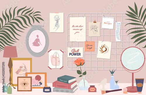 Stylish modern comfy apartment furnished. Feminine mood board, desk with cosmetics, books, home decorations and home plants. Scandinavian hygge style Interior. Flat vector illustration