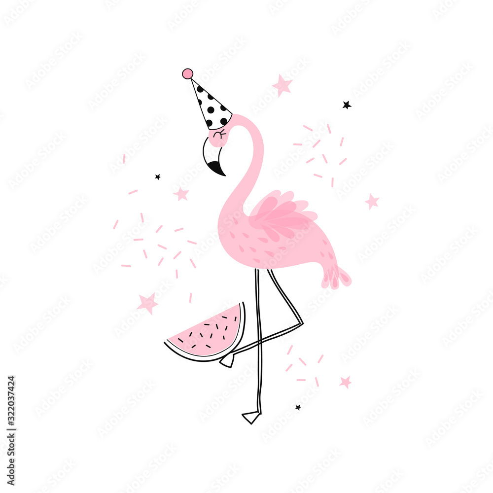 Candy Pink Flamingo in cone hat with watermelon illustration isolated on white background. Exotic bird simple linear transparent overlapping shapes vector clip-art. Happy Birthday design concept Candy Pink Flamingo in cone hat with watermelon illustration isolated on white background. Exotic bird simple linear transparent overlapping shapes vector clip-art. Happy Birthday design concept