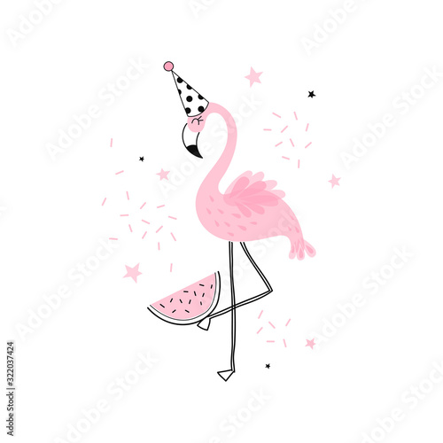 Candy Pink Flamingo in cone hat with watermelon illustration isolated on white background. Exotic bird simple linear transparent overlapping shapes vector clip-art. Happy Birthday design concept