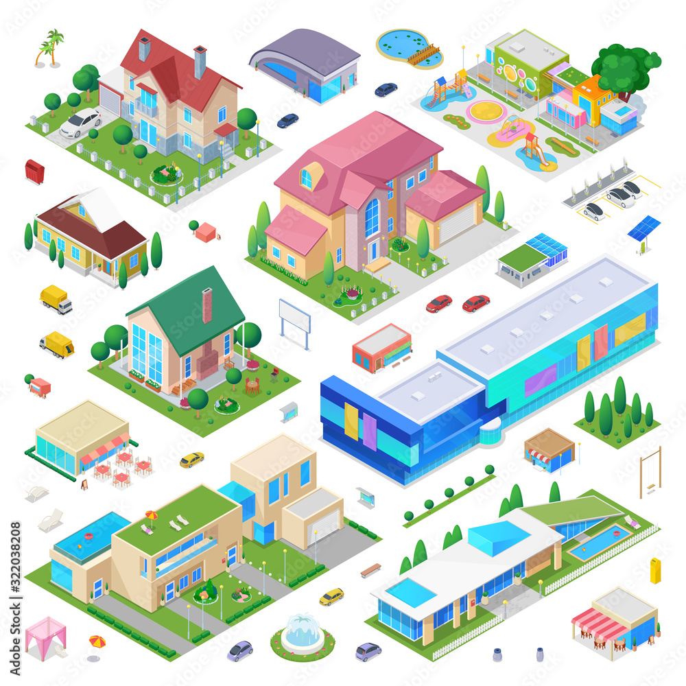 Countryside Cottage Isometric city scene generator creator vector design objects illustration. Private residence villa school kindergarten buildings cars street objects collection.