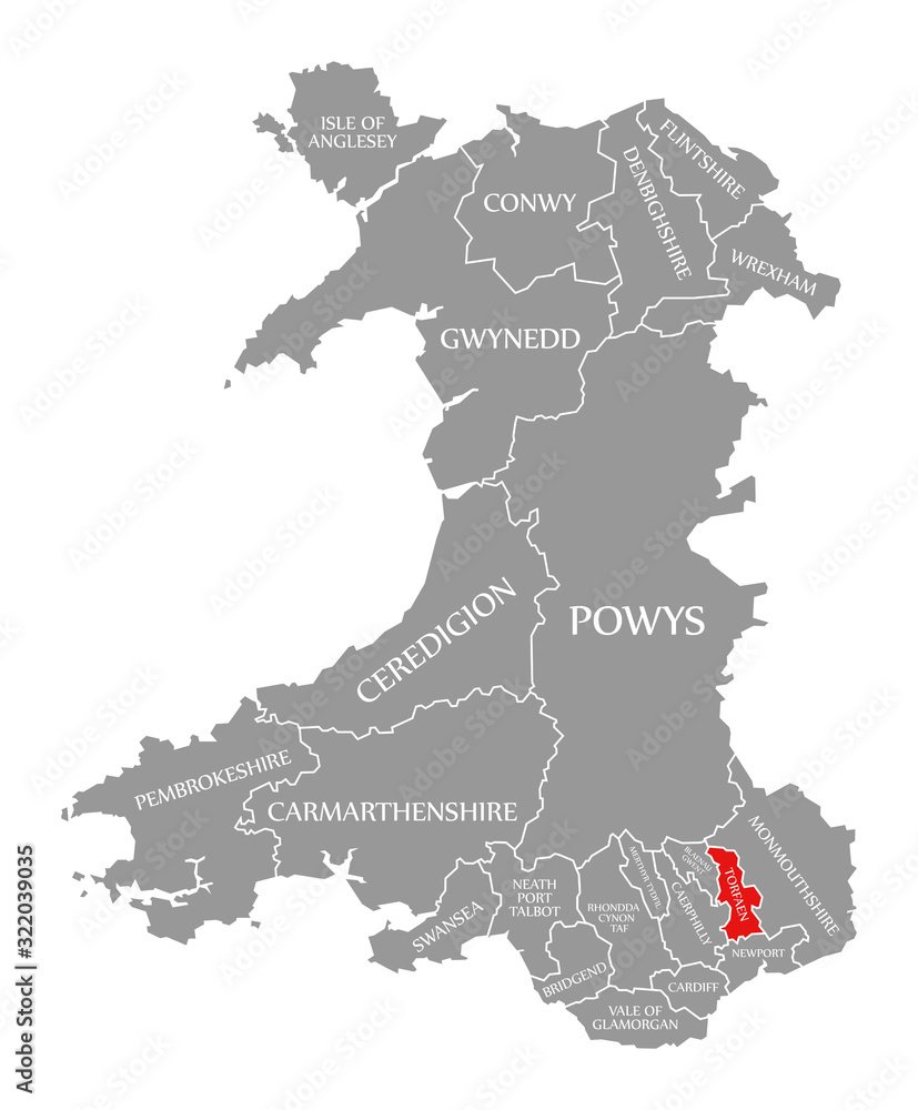 Torfaen red highlighted in map of Wales