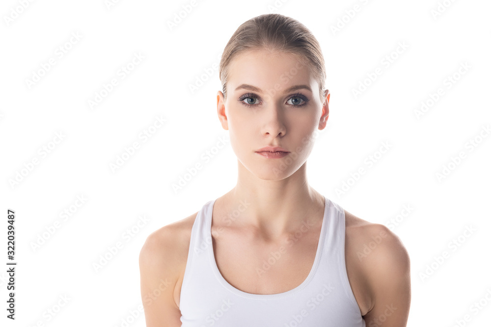 Attractive young woman looking at camera isolated on white Attractive young woman looking at camera isolated on white