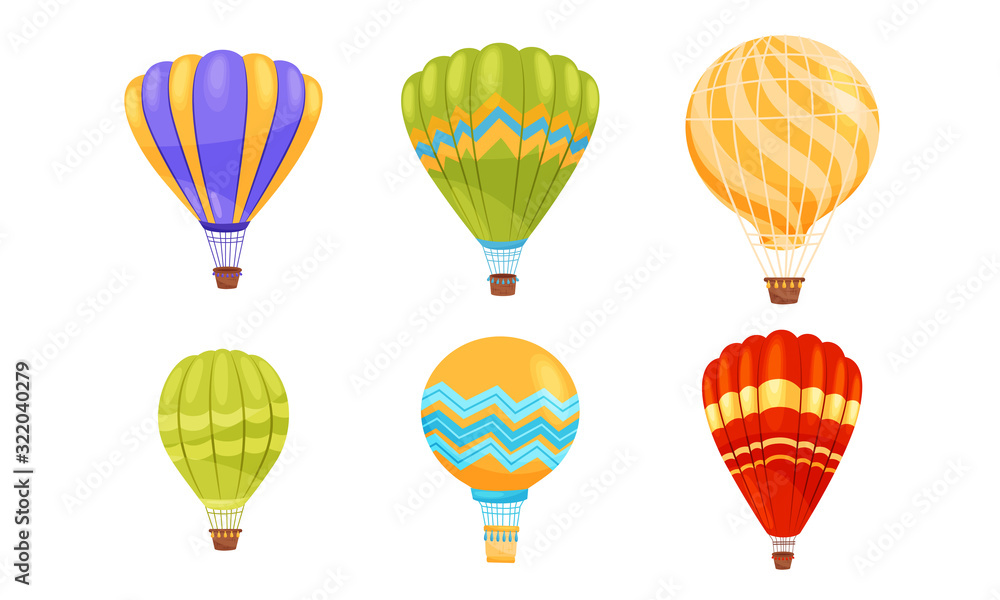 Hot Striped Air Balloons Flying in the Air Vector Set
