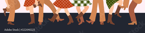 Vector illustration horizontal banner with male and female legs in cowboy boots dancing country western on a dark background in flat style. photo