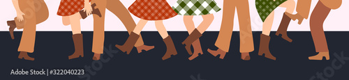 Obraz na płótnie Vector illustration horizontal banner with male and female legs in cowboy boots dancing country western on a dark background in flat style. w salonie