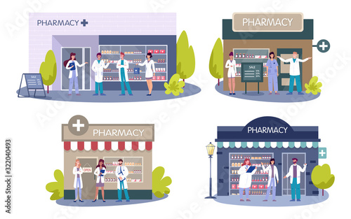 Modern pharmacy building exterior. Professional medicine worker