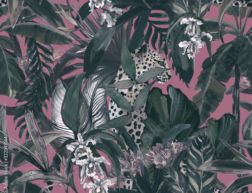 Tropical seamless pattern with tropical flowers, banana leaves and panther, leopard, cougar, wildcat photo