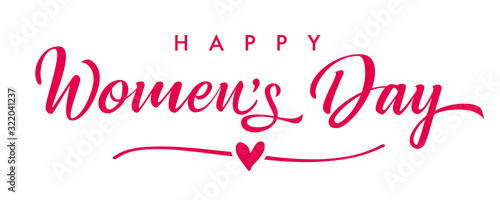 March 8, Happy Womens Day elegant calligraphy banner. Women's Day greeting card template with vector pink lettering and heart on white background