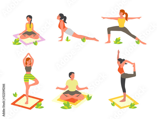 Set of people doing yoga in the park. Asana or exercise