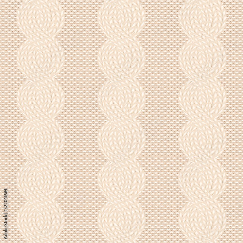 Seamless cable knit light beige pattern. Handycraft background