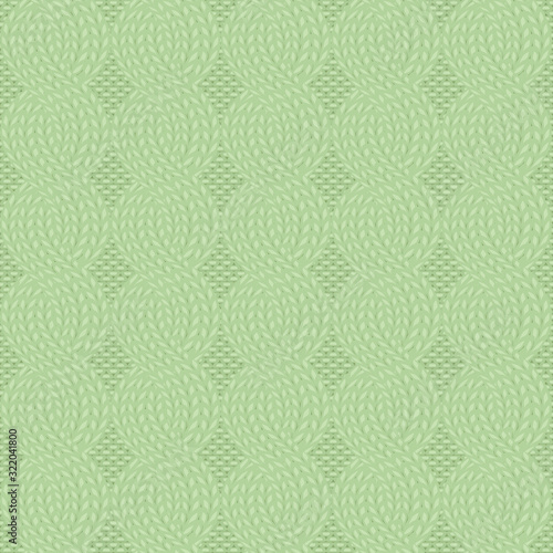 Seamless cable knit light green pattern. Handycraft background