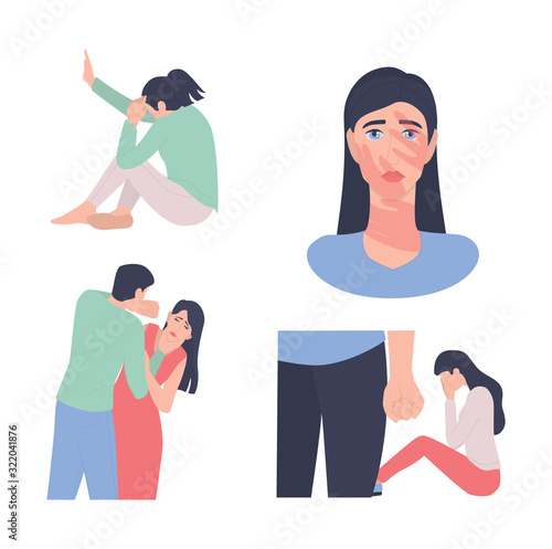 Domestic abuse set. World social gender problem. Stop abuse