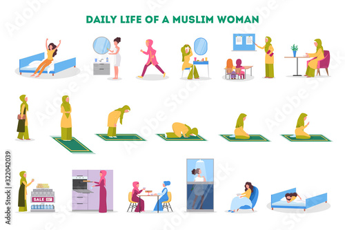 Daily routine of a muslim woman set. Female character