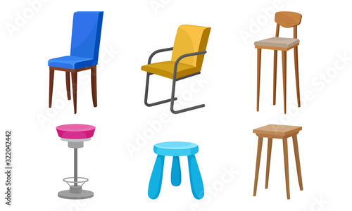 Wooden Chairs and Bar Stools of Different Color Vector Set