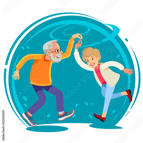Senior couple dancing together, flat style vector illustration. Happy funny old couple, Full height portrait of old lady and gentleman dancing romantically.