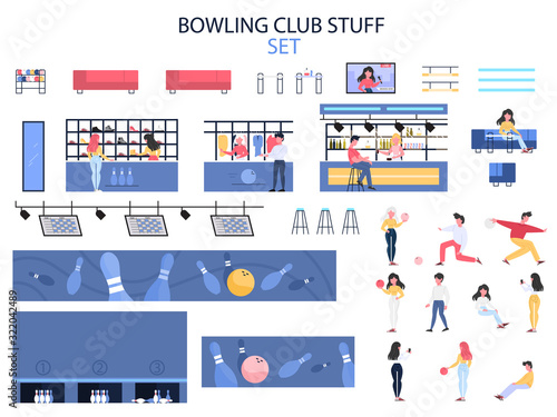 Bowling club room interior stuff set. People going bowling