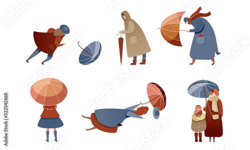People Characters Walking in Windy Rainy Day with Umbrellas and Trying to Fight with Strong Wind Vector Illustrations Set