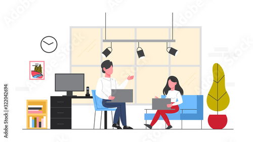 Business people at their workplace. Woman and man sitting on the chair