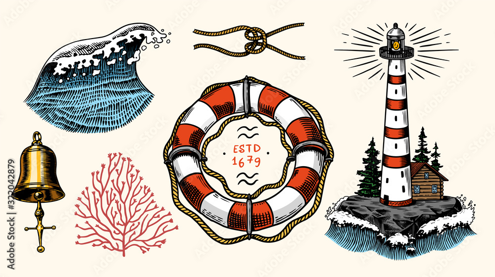Naklejka premium Nautical adventure set. Sea lighthouse, marine ocean waves, beacon and lifebuoy. Hand drawn engraved monochrome vintage old sketch.
