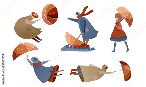People Characters Walking in Windy Rainy Day with Umbrellas and Trying to Fight with Strong Wind Vector Illustrations Set