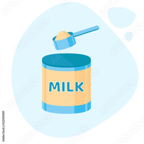 A scoop and container of milk formula. Infant artificial feeding