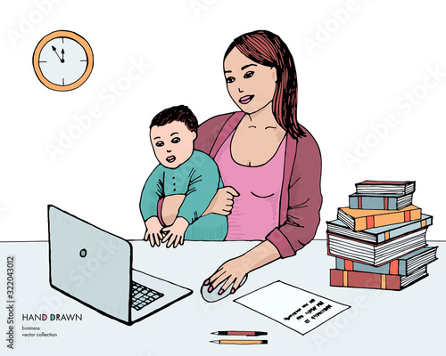 Hand drawn sketch of young mom working on laptop holding her baby boy. Computer, pc, books, clock. White background