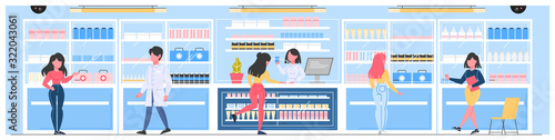 Modern pharmacy interior with visitors. Client order and buy