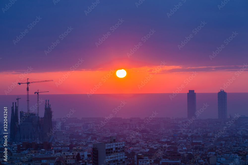 Beautiful sunrise in Barcelona city