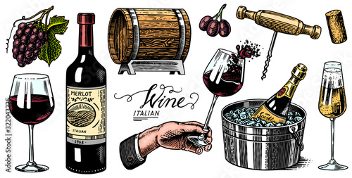 Wine set. Alcoholic drink in the hand. Sparkling champagne, bottle and glass Cheers, ice bucket, wooden barrel. Grapes Corkscrew Olives Cork. Drawn engraved sketch for bar, restaurant menu.