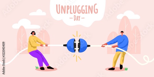 Man and woman in park playing tug of war with electric cord to disconnect plug from socket. Having good time in real life instead of browsing electronic devices. Unplugging day horizontal banner.