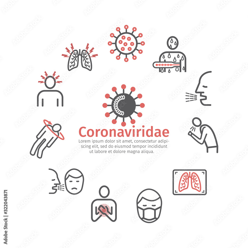 Coronaviridae line icons. Symptoms. Vector signs for web graphics Coronaviridae line icons. Symptoms. Vector signs for web graphics