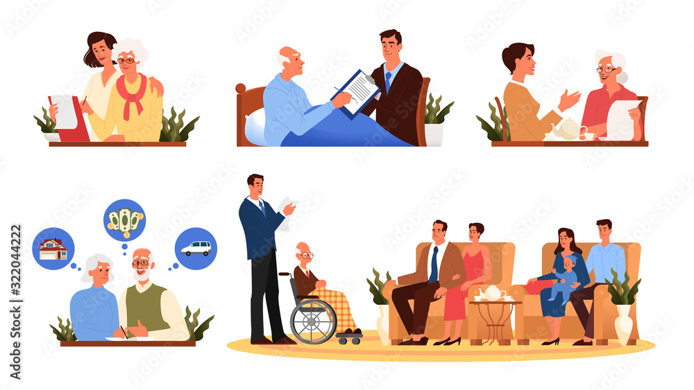 Old people write a testament set. Seniors draw a will. Old people write a testament set. Seniors draw a will.