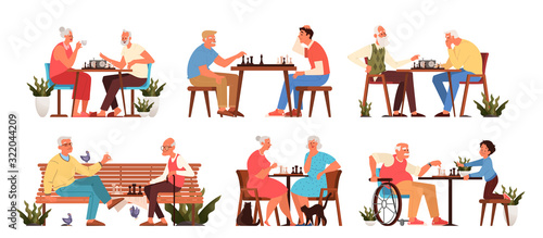 Old people play chess set. Elderly peope sitting at the table with chessboard.