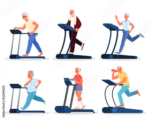 Old peoplein the gym. Seniors training on treadill. Fitness program